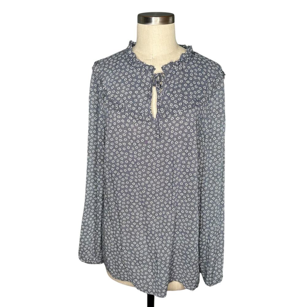 BODEN Blue White‎ Ditsy Floral Pattern Ruffle Neck Victorian Blouse Women's 12